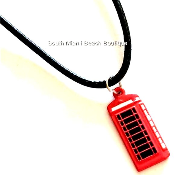 London England UK Phone Booth Box Necklace Red Charm Black Cord Enamel Britain - Picture 5 of 7